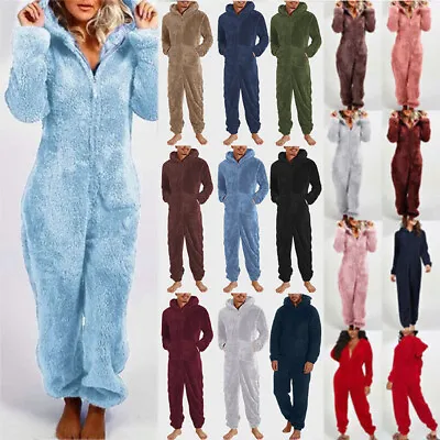 Women 1Onesie Teddy Bear Fleece Pyjamas Fluffy All In One Jumpsuit Loungewear • £24.49