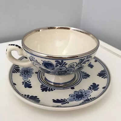 Elesva Silver Rimmed Blue Delft Demitasse Footed Small Cup And Saucer Holland • $6.99