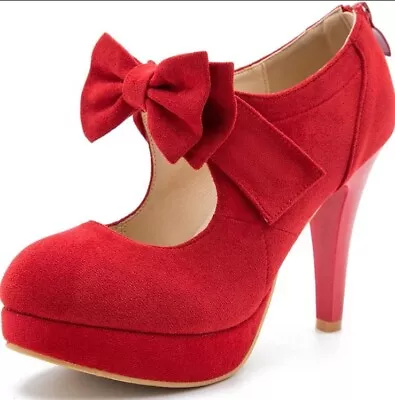 Red Velvet Women's Bow Tie High Heel Elegant Vintage Style Platform Pumps Closed • $29