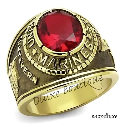 Men's 14k Gold Plated Simulated Siam Red US Marines Military Ring Size 8-14 • $16.99