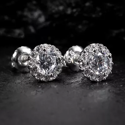 Men's Iced Round Cut Halo 925 Sterling Silver Small Stud Hip Hop Earrings • $23.99