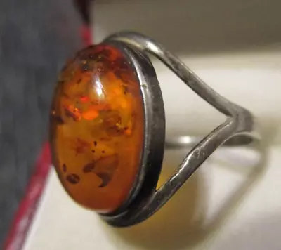 Vintage Estate Mid Century Modern Artisan Sterling Silver Cabochon Amber Ring 6 • $45