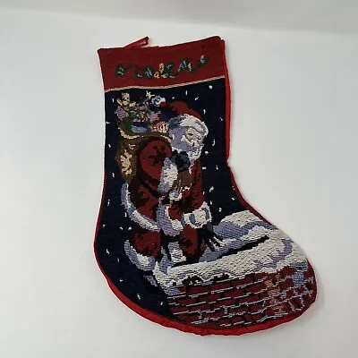 Vintage Needle Point Christmas Stocking Handmade Santa Red Hanging VTG Christmas • $19.99