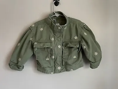 Baby Gap Light Green Military Canvas Jacket Daisy Flowers 3T So Cute! • $14