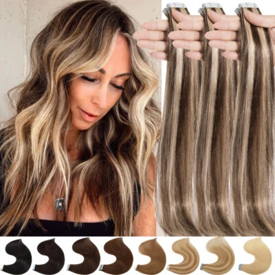 £26.08 • Buy Remy Tape In Human Hair Extensions Seamless Skin Weft Thick Full Head Balayage#