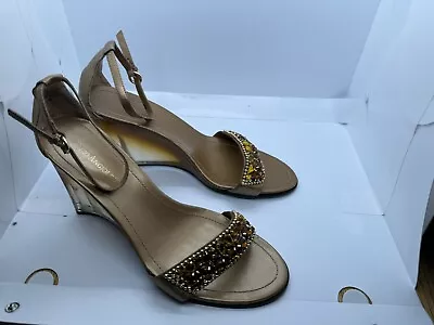 Enzo Angiolini Gold Leather Lucite WEdge Sandals Topaz Brown Rhinestones Sz 9M • $24