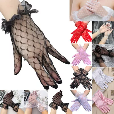 £1.42 • Buy Women Lace Satin Gloves White Mesh Short Wedding Bridal Full Finger Sunsreen 2pc