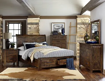 4 Pc Rustic Plank Solid Wood Sleigh Platform Queen Bed Storage Drawers Furniture • $1799