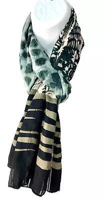 Sheer Scarf With Geometric Designs Gray Black Green About 14  X 60  • $4.99