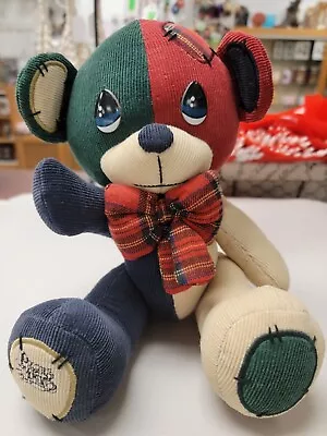 Vintage Precious Moments Cotton Corduroy Teddy Bear Jointed Patches Plaid Bow • $23