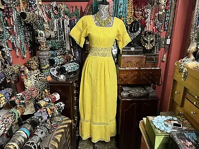 Beautiful Vintage Crochet Lace Oaxacan Mexican Yellow Pintuck Wedding Dress S • $165