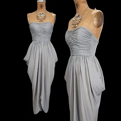 Vtg 70s Prom Dress Strapless Draped Grecian Joy Stevens Clingy Long Gray Blue XS • $74.99