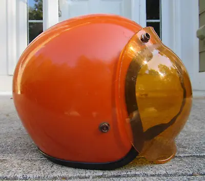 Vintage 1970s Motorcycle Helmet Universal Size Bubble Visor AWESOME ALL ORANGE! • $279.99