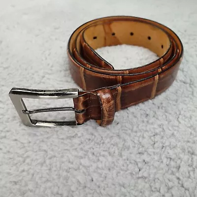 Vintage Brown Leather Belt Mens Sz 36 Brown Croc Leather Nickel Buckle Italy • $23.59