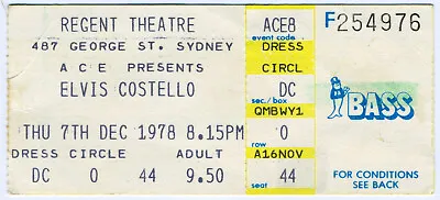 Rare 1978 Elvis Costello Concert Ticket Stub - Capitol Theatre Sydney Australia • $180