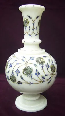 10  White Marble Flower Vase Jar Pauashell Lapis Pietradura Inlay Decor Gift • £286.28