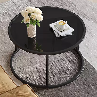 Black Glass Coffee Table Small Round Coffee Tables 27.6In Modern Tempered Glass- • $98.99