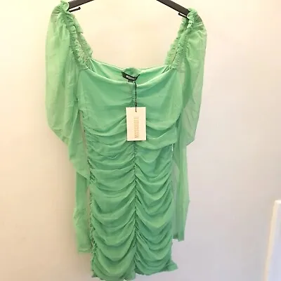 Missguided Mesh Ruched Long Sleeve Mini Dress Green Uk14  • £5.69