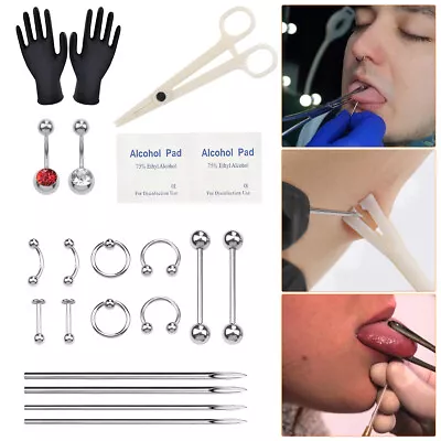 21PCS/Set Body Piercing Kit Ear Nose Navel Nipple Needles Piercing Set Tool Kit • £5.05