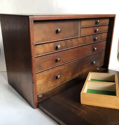 Antique~OAK DOVETAILED MECHINIST TOOL CHEST / JEWELRY BOX 6 DRAWERS + KEY-Exc • $499