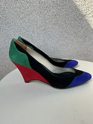 Vintage Wedge Pumps Shoes Color Block Suede Sz 7.5/7 Sergio Zelcer • £42.47