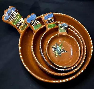 Redware Clay Pottery FOUR Nesting Bowls Mexico Hand Painted Deco Hanging Patio • $40