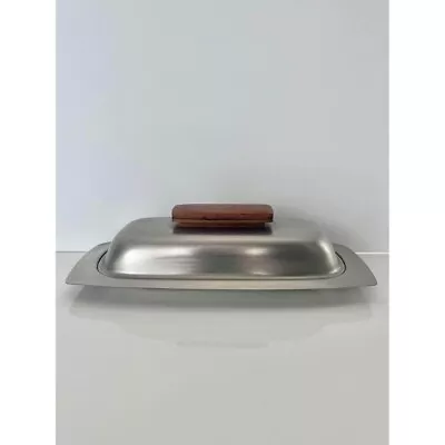 Vintage Stainless Steel Butter Dish With Teak Handle MCM Unmarked • $38.88