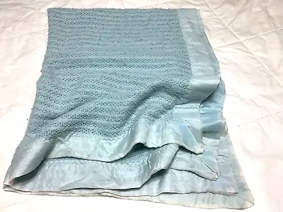 Vintage BABY Blanket Baby Blue Waffle Weave Thermal Acrylic Nylon Trim • $43