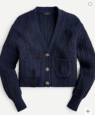NWT J. Crew Navy Chunky Knit 2 Wood Button Crop Patch Pocket Cardigan Sweater M • $70