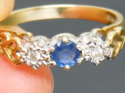 9ct Gold Vintage  Ceylon Sapphire & Diamond Hallmarked  Ring Size L • £99