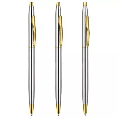 Ballpoint Pens 3 Pack Slim Stainless Steel Metallic Retractable Pens Black Ink • $8.84