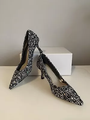 ZARA Kitten Heel Pumps Tweed Boucle Black & White Multicolor Size US 7.5 M/ EU38 • $25