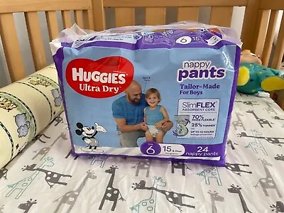 $75 • Buy 6 X 24 Huggies Ultra Dry Nappy Pants Boys Size 6 (15kg +) EBay - 144 Nappies 