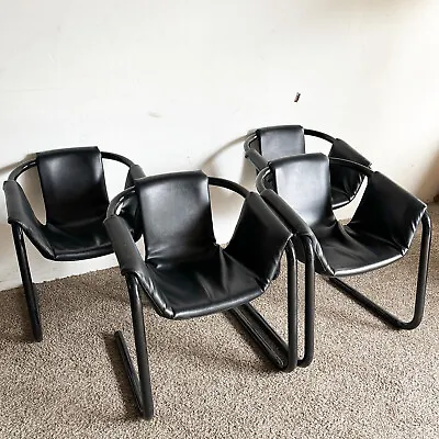 1970s Black Vinyl In Black Metal Zermatt Tubular Sling Chairs Vecta • $2995