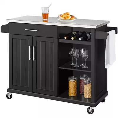 Kitchen Island Cart With Stainless Steel Top & Storage & Wine Rack & Spice Rack • $175.99