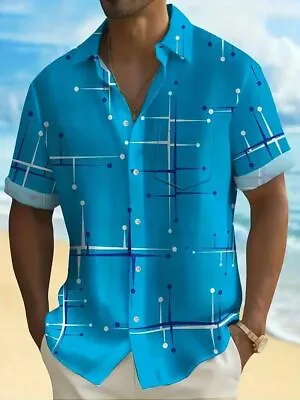 Button Down Shirts Men's Blue Geometría Graphic Short Sleeve Casual Up Dress • $26.86