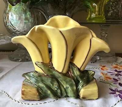 Vintage McCoy Pottery Triple Calla Lily Bright Yellow Flower Vase Planter • $79.99