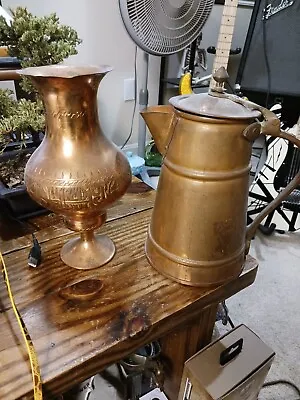 Vintage Antique Country Kitchen Copper Coffee Pot & Engraved Vase! • $39.99
