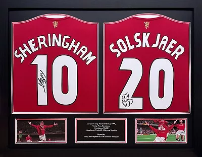 SOLSKJAER & SHERINGHAM 2 SIGNED MANCHESTER UNITED SHIRTS In 1 FRAME & PROOF COA • $631.46