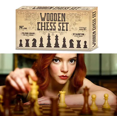 Chess Natural Wooden Folding Board Game Box Set Vintage Checkers Queens Gambit • $54.96