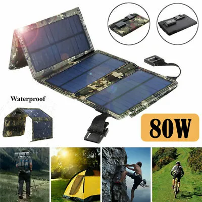 80W USB Solar Panel Folding Power Bank Camping Hiking Outdoor Phone Charger • £26.93