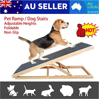 Wooden Foldable Dog Pet Ramp Adjustable Height Dogs Stairs For Bed Sofa Car AU • $39.99