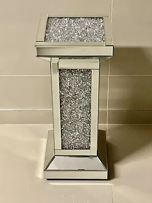 Silver Sparkling Crushed Diamond Crystal Mirrored Pedestal End Lamp Table Pillar • £149.99