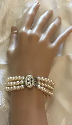 Vintage Cultured Pearl 3-Strand Bracelet Pear Rhinestones 7-3/8  Jewelry Bridal  • $68.48