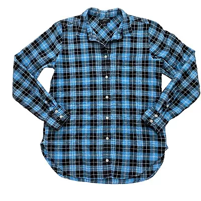 J. Crew Top Womens 6 Classic Fit Boy Shirt Crinkle Herringbone Plaid Blue Black • $18.99