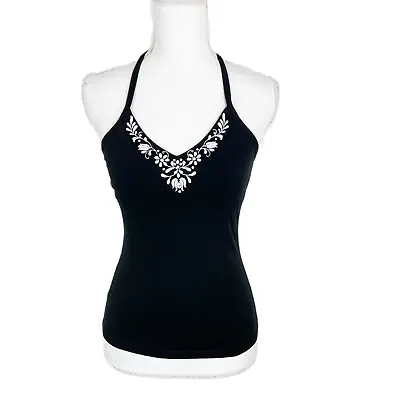 Ann Taylor Loft Top Women XS Petite Black Halter Neck White V-Neck Collar Casual • £7.24