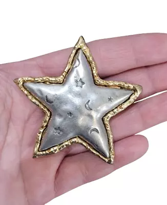 Vintage Signed JJ Celestial Star Gold Silver Tone Pin Brooch Moon Stars • $43