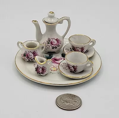 Miniature Tea Set White With Roses Tray Teapot Creamer Open Sugar 2 Cup & Saucer • $14.95