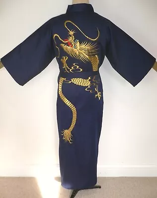 Men's Vintage Silky Blue & Gold Kimono Style Dressing Gown Embroidered Dragon • £42.99