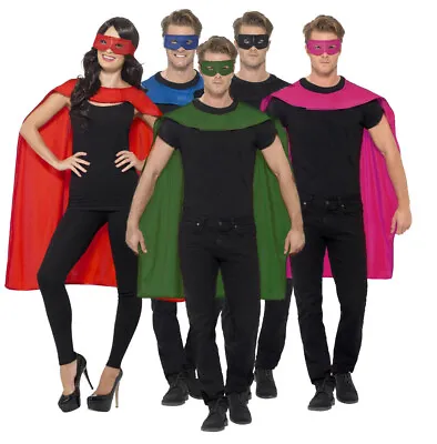 Mens Ladies Adult Superhero Cape And Mask Fancy Dress Halloween Costume Outfit • £7.33